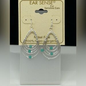 Ear Sense Silver Drop Earrings accented with Aqua beads 1.75 inch